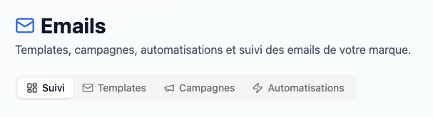 Onglets Emails : Suivi, Templates, Campagnes, Automatisations