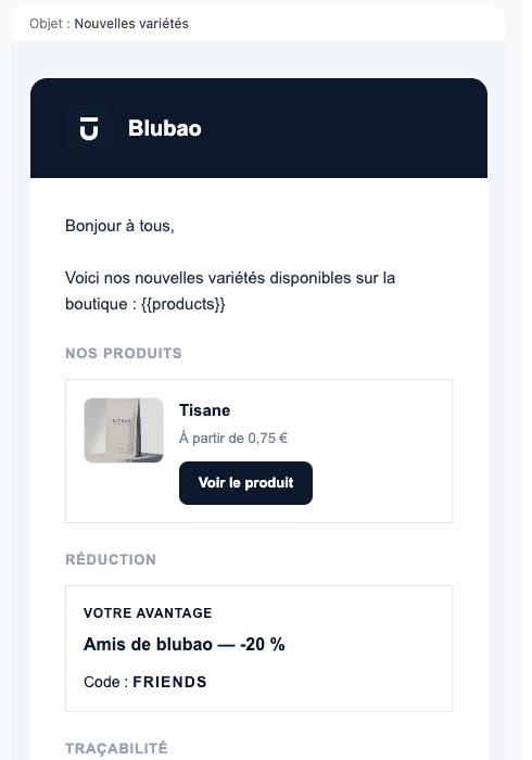 Aperçu de l'email : en-tête de marque, bloc produit, bloc réduction, traçabilité