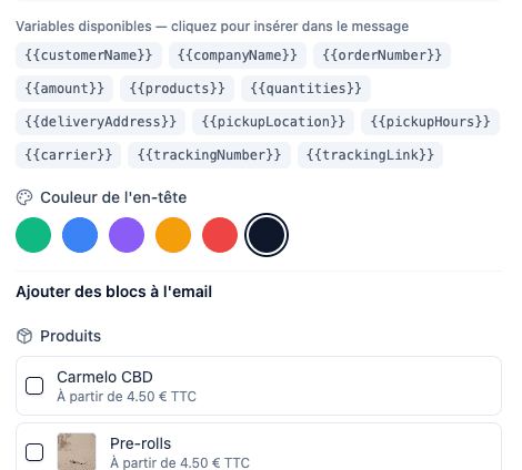 Variables disponibles, couleur de l'en-tête et blocs produits à ajouter