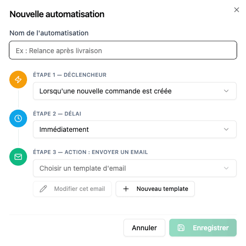 Création d'une automatisation : déclencheur, délai, envoi d'un template