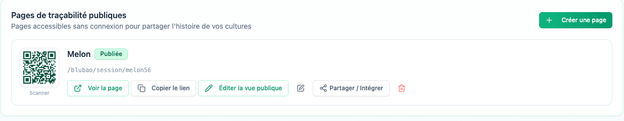 Page de traçabilité publique avec QR code et lien partageable