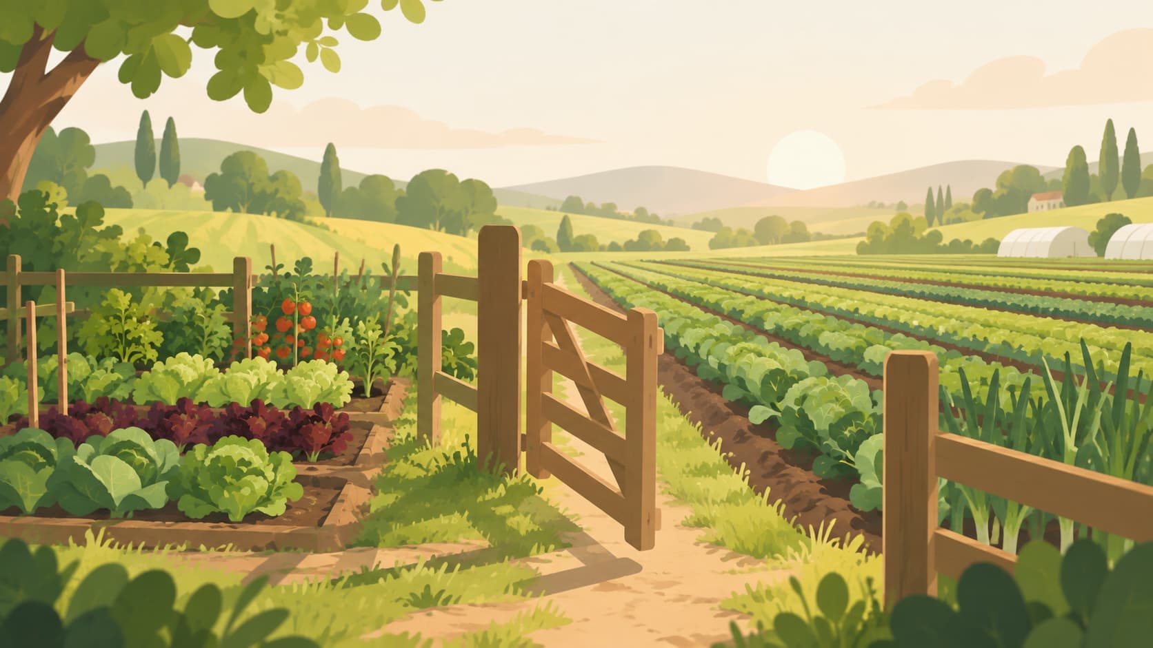 Vue de Ferme avec soleil levant