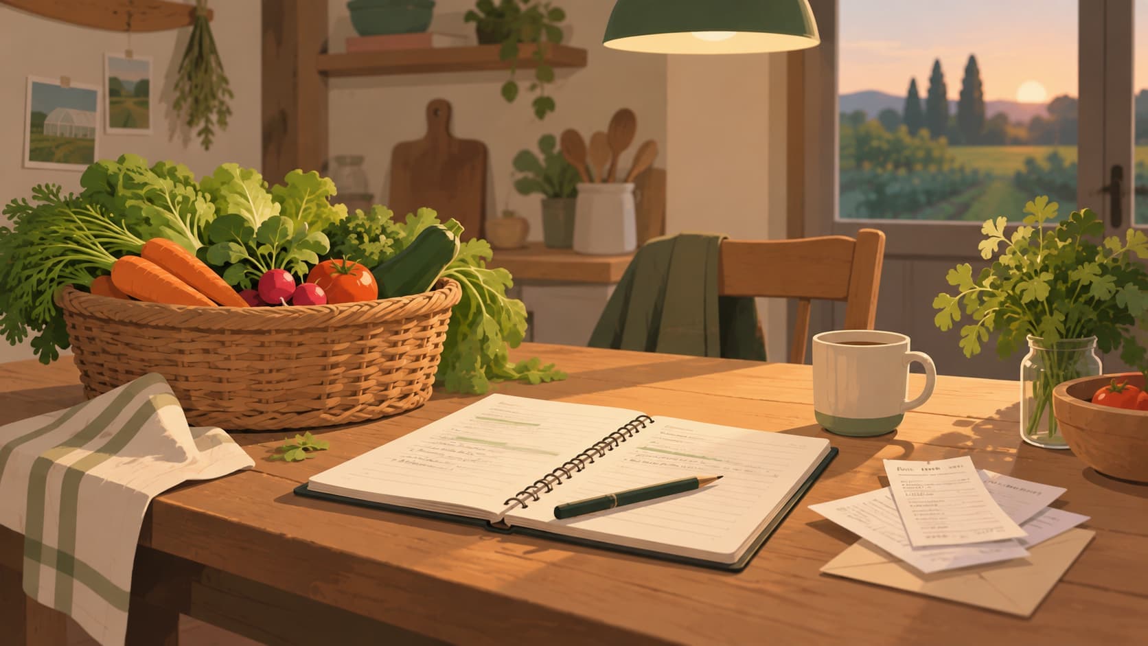 Cahier sur bureau avec panier de légumes