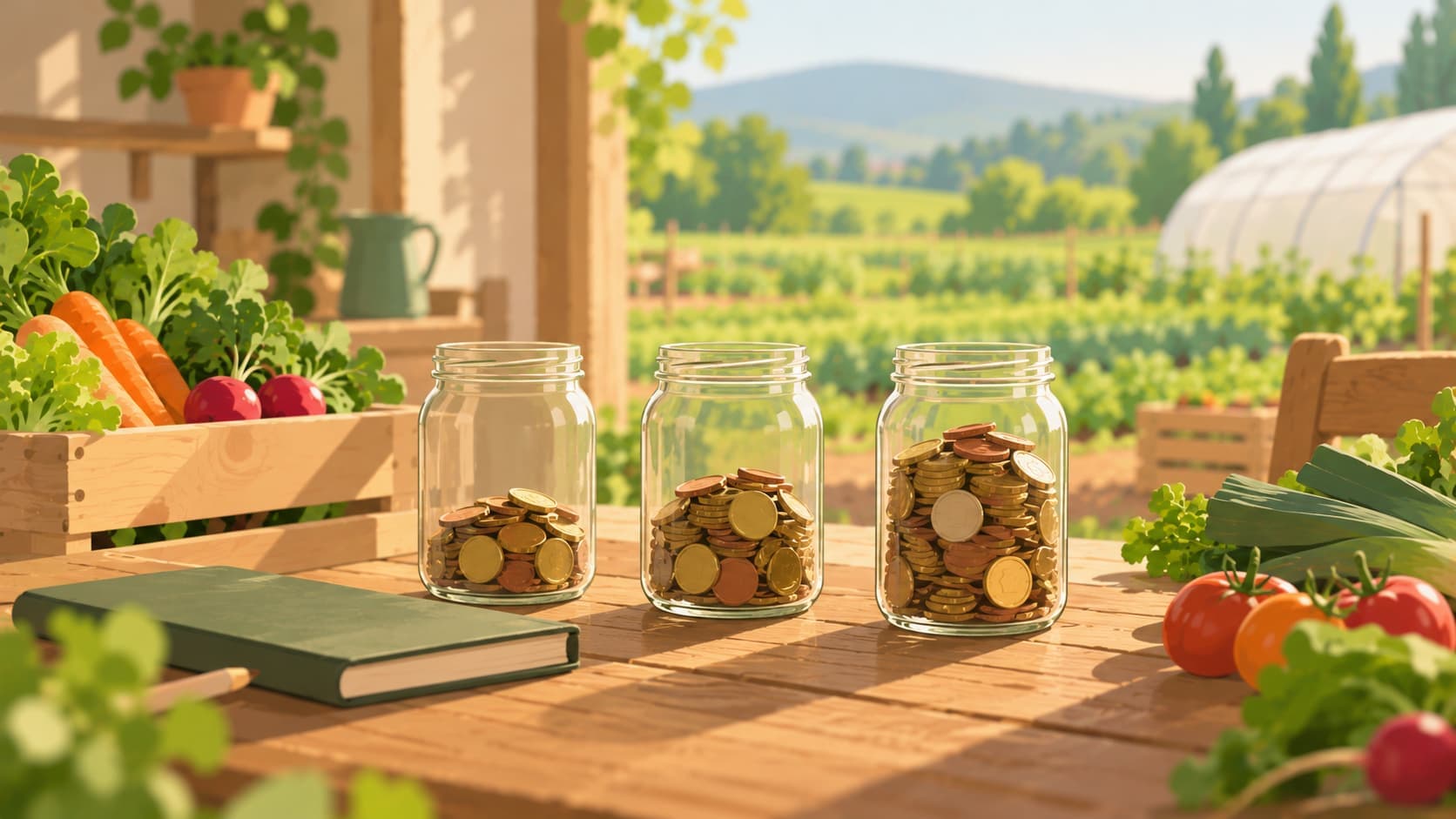 Trois bocaux de pièces sur une table de ferme, entre un cahier et des cagettes de légumes