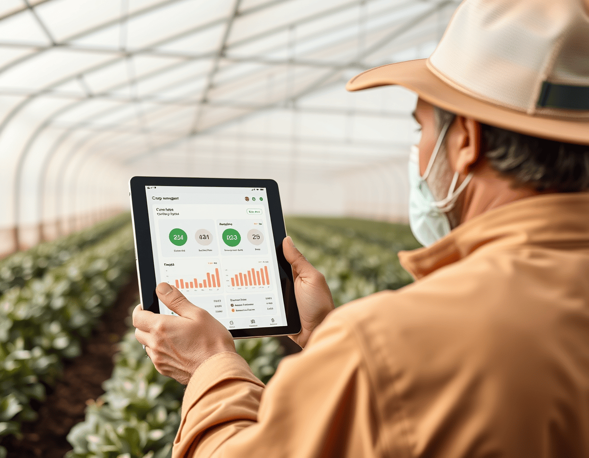 Farmer using tablet with management software